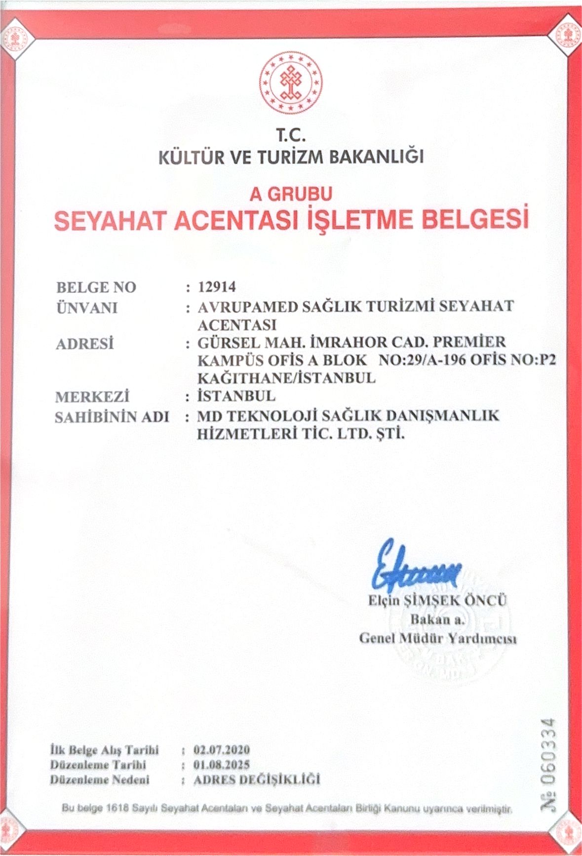 Group A Travel Agency Operating Licence 12914 - Ministry of Culture and Tourism Turkey